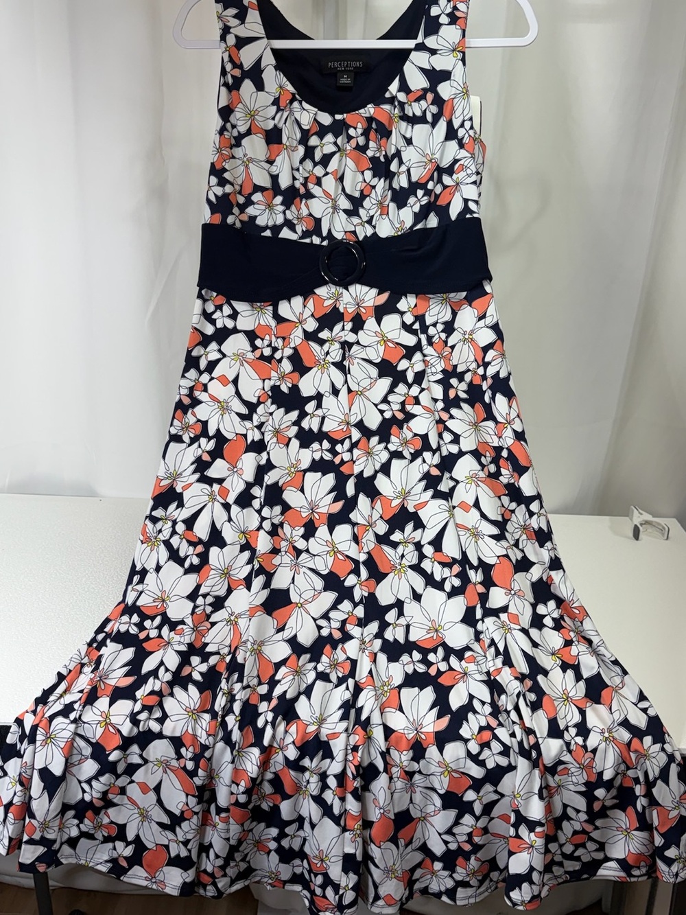 Perceptions Navy Floral Midi Dress with Coral and White Blooms 2782